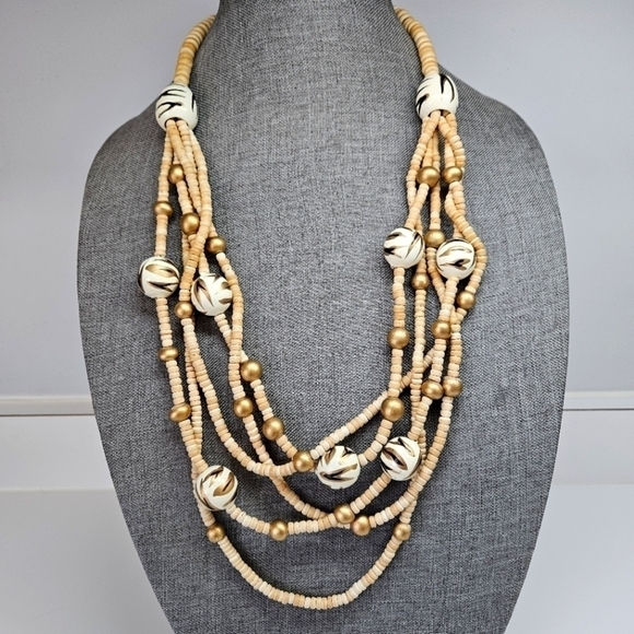 VINTAGE Wooden Animal Print Painted Beaded Statement Necklace - Picture 1 of 7